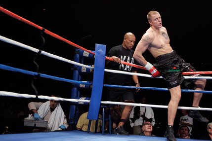 Kaspars Kambala enters the ring to fight Ron Weaver during a heavyweight boxing match at the Las Vegas Hilton.