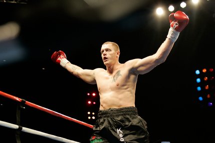 Kaspars Kambala celebrates a win against Ron Weaver after a heavyweight boxing match at the Las Vegas Hilton