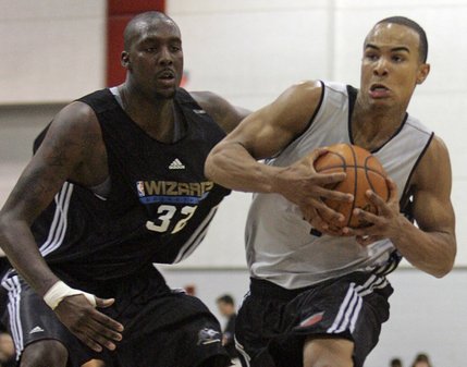 Portland's Jerryd Bayless drives past Washington Wizards' Andray Blatche during the Trailblazers' 78-73 victory in an NBA Summer League game at the Cox Pavilion. Bayless (11th overall pick in the 2008 NBA draft) was one of three lottery picks, Kevin Love (fifth pick) and Danilo Gallinari (sixth), to make their pro debuts on Monday.