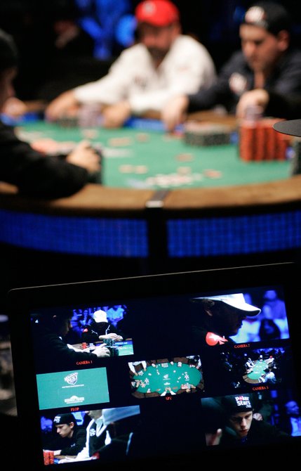 ESPN monitors display the different camera angles at the featured table, one of the two tables left at the WSOP World Championship No Limit Texas Hold 'em at the Rio.