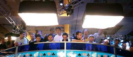 Spectators get a bird's eye view of one of the two final tables of the WSOP World Championship No Limit Texas Hold 'em event. 