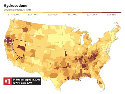 The following map shows the per capita consumption by the first three digits of ZIP codes throughout the United States. This maps illustrates how Nevada's rate of hydrocodone use ranks among the highest.