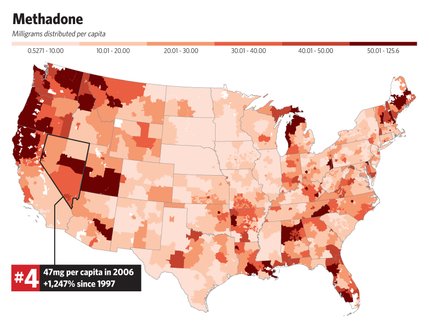 The following map shows the per capita consumption by the first three digits of ZIP codes throughout the United States. This maps illustrates how Nevada's rate of methadone use ranks among the highest.