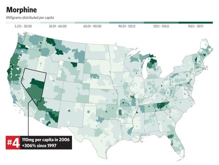 The following map shows the per capita consumption by the first three digits of ZIP codes throughout the United States. This maps illustrates how Nevada's rate of morphine use ranks among the highest.