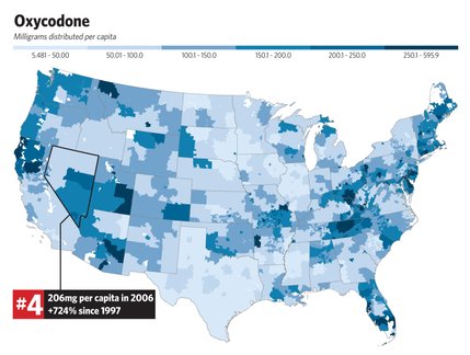 The following map shows the per capita consumption by the first three digits of ZIP codes throughout the United States. This maps illustrates how Nevada's rate of oxycodone use ranks among the highest.