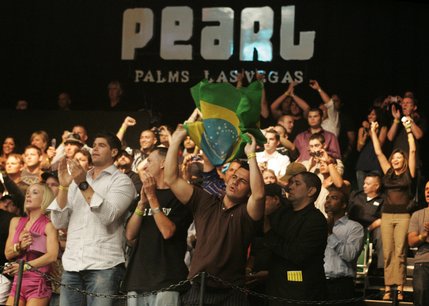 Fans of Brazilian fighter Anderson Silva cheer and wave a flag as he enters the octagon before his UFC bout with James Irvin at the Palms on Saturday.