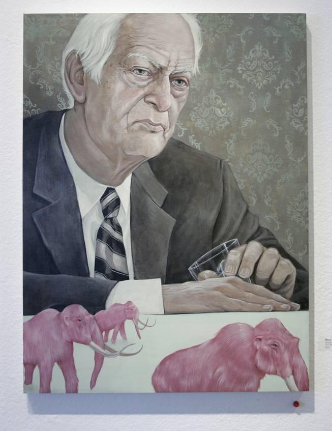 A daunting story is told: Maybe it's the dark gaze. Maybe it's the lonely tone, the age spots, white hair, wrinkles, suit and tie and tipped glass that create this somber scene of a man who's had enough (of something) and sits pensively before flocked wallpaper as pink woolly mammoths march past.