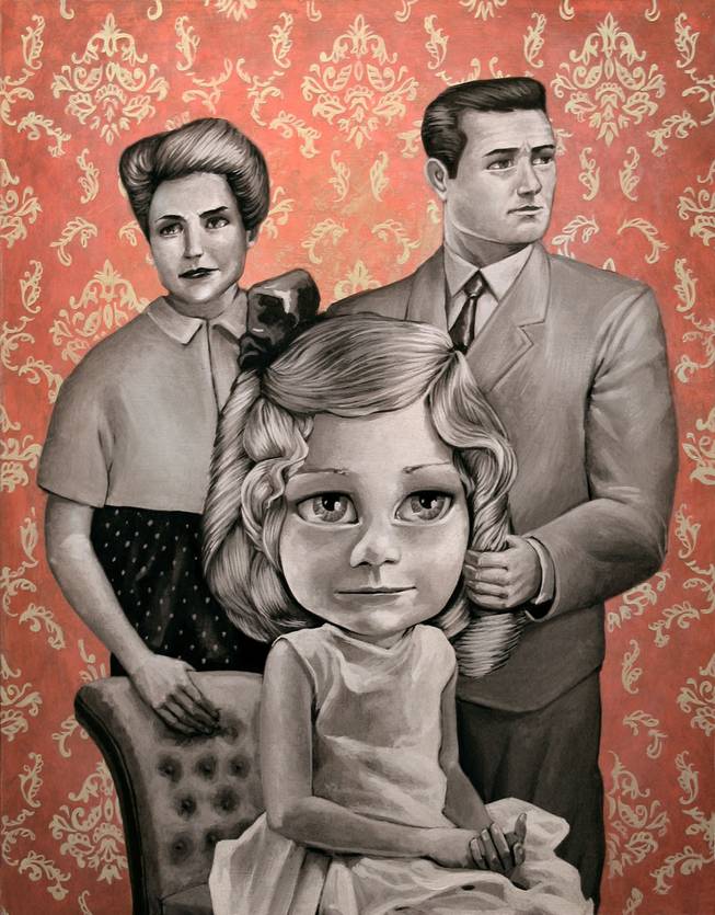 Fun portrayals of family life: The perfect parents in the perfect clothes stand behind their perfect daughter with perfect ringlets and perfect eyes -- an amalgamation of doll and little girl. The parents stare in different directions.