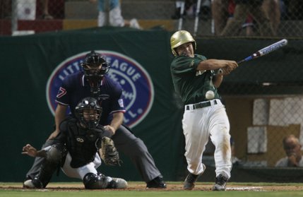 Paseo Verde All-Stars' Michael Blasko hits a grounder during their game against Waipio, Hawaii, in the western regional championship game of the Little League World Series Sunday.