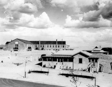 This is a photo of the Boulder City hospital and doctors’ residence taken in 1932. The hospital was closed in 1935 after Six Companies Inc. finished Hoover Dam. It responded in 1943 to care for the war wounded. 