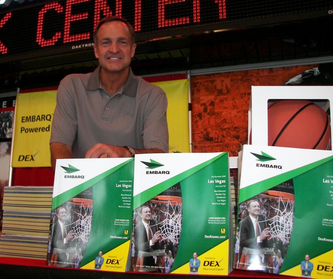 UNLV basketball coach Lon Kruger poses at a phone book recycling function this summer at the Thomas & Mack Center. Since taking over the program four years ago, Kruger has been very visible, promoting his team and UNLV athletics, in and around Las Vegas. Friday morning, he was the opening speaker at a gathering of about 150 professionals at the Stan Fulton Building on the UNLV campus. 

