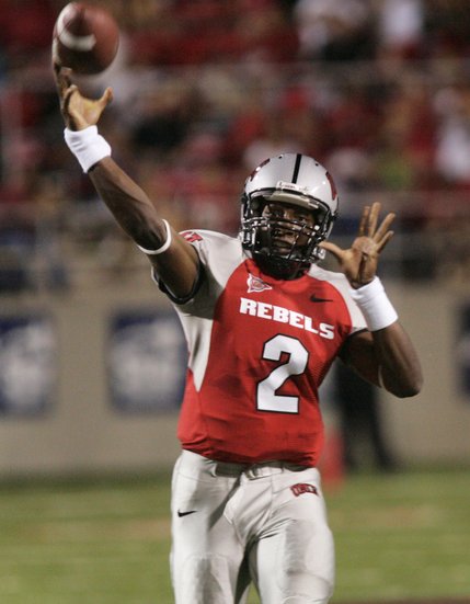 UNLV quarterback Omar Clayton lets loose against Utah State at Sam Boyd Stadium.