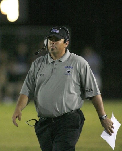 Basic High football coach Jeff Cahill walks on his home field during the season opener against Boulder City High Friday.