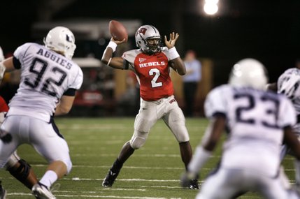 UNLV quarterback Omar Clayton passes against Utah State at Sam Boyd Stadium.
