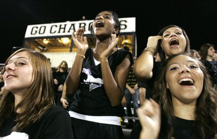 Clark High School sophomores, from left, Mariah Eppes, Sachini Meegoda, Neimy Escobar, and Evelyn Lentz cheer during their game against Rancho High School at Clark High School in Las Vegas  Friday, September 5, 2008. Rancho won the game 21-20 with a two-point conversion in the last 60 seconds.