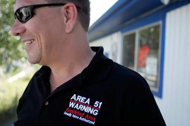 New Rachel resident Ken Langley sports an Area 51 shirt. The secret government testing area is near the settlement.