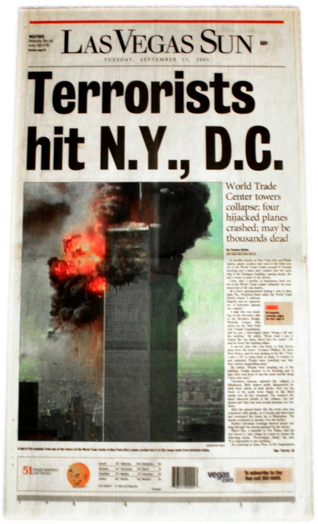 This was the front page of the Las Vegas Sun on Sept. 11, 2001, showing the terrorist attack on the World Trade Center.