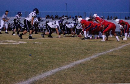 The Patriots set up for an offensive play against the Trailblazers during Friday night's game. Liberty defeated Durango, 35-7.
