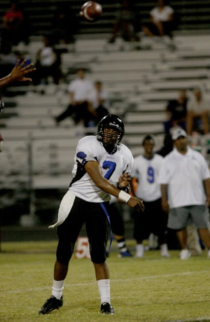 Desert Pines quarterback Dalton Leilua (7)  throws a pass during an away game against Cimarron-Memorial on Friday night.