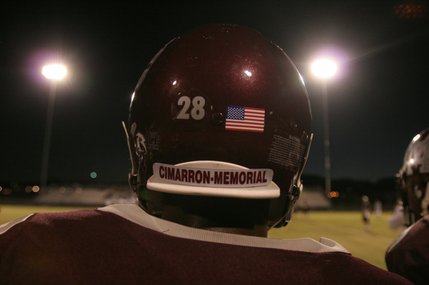 Cimarron-Memorial defensive back Allen Lee (28) looks on during a home game against Desert Pines Friday night.