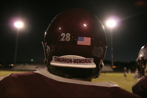 Cimarron-Memorial defensive back Allen Lee (28) looks on during a ...
