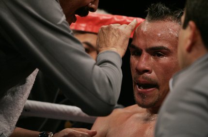 Lightweight boxer Juan Manuel Marquez is treated in his corner during a boxing match against Joel Casamayor of Cuba at the MGM Grand Garden Arena.