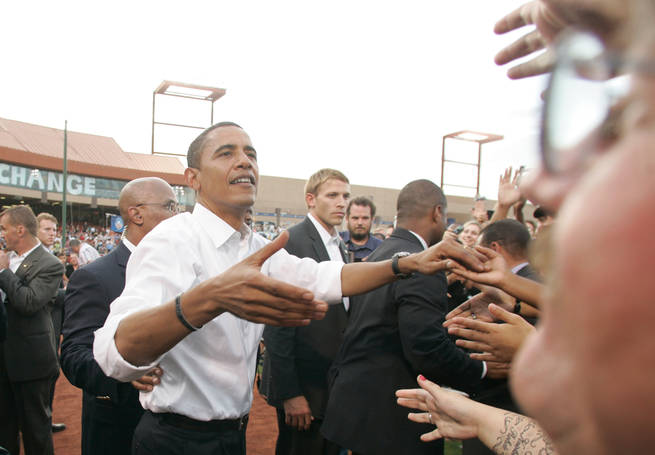 Barack Obama shakes hands with supporters Wednesday, Sept. 17, 2008, at Cashman Field in Las Vegas.	