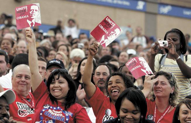 Culinary Union workers cheer Democratic presidential candidate Barack Obama during his appearance Wednesday  in Las Vegas.