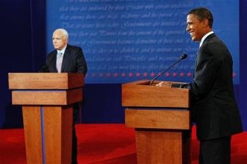Republican presidential nominee Sen. John McCain, R-Ariz., and Democratic presidential nominee Sen. Barack Obama, D-Ill., participate in the first presidential debate at the University of Mississippi in Oxford, Miss., Friday.