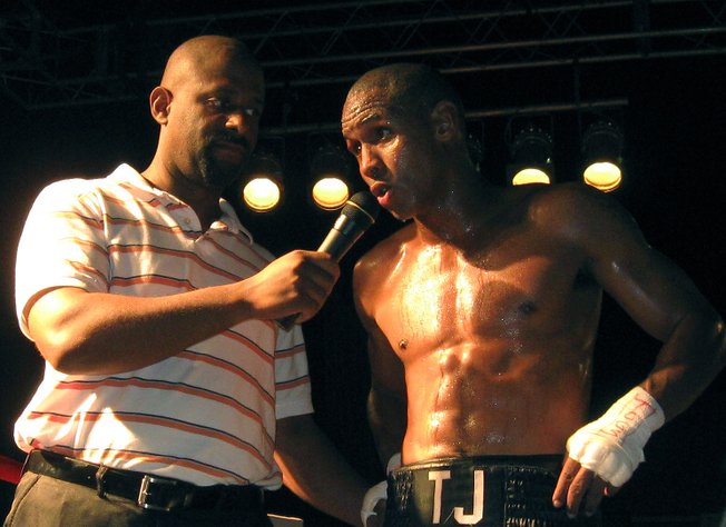 Terrance Jett addresses the crowd after his third-round knockout Tuesday night at the Silver Nugget.
