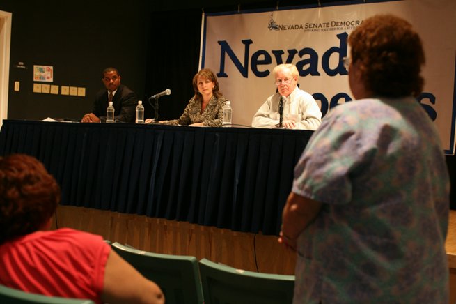 In a town hall meeting Thursday at Irwin Molasky Middle School in Las Vegas, Democrats, from left, Senate Minority Leader Steven Horsford, state Senate candidate Allison Copening and state Sen. Mike Schneider listen to constituents' suggestions on how to lead the state out of its budget crisis.