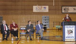 State Assembly District 21 candidate Ellen Spiegel (right) addresses a question from the moderator as other candidates look on during a public forum held at Bob Miller Middle School on Tuesday.