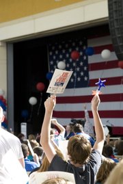 Dillon Meeks, an eighth-grader at Mannion Middle School, reacts excitedly for the start of the KidsVention event at the Henderson Pavilion on Oct. 10. Meeks, along with 2,500 other students from around Clark County participated in discussions about the issues that affect them. 