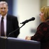 School board candidate Deanna Wright addresses rival Edward Goldman during a public forum Tuesday at