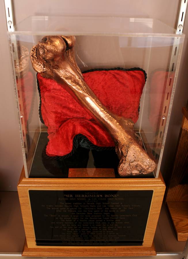 The Las Vegas High School trophy case proudly displays "Sir Herkimer's Bone," which Las Vegas has won 12 consecutive years.