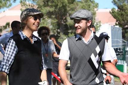 Comedian and television host Ellen DeGeneres (left) and Justin Timberlake walk to a tee during the Justin Timberlake Shriners Hospitals for Children Open at TPC Summerlin in Las Vegas on Wednesday. The two shared plenty of laughs even though Ellen only stayed to watch Timberlake play the first hole.