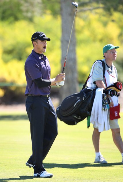 Actor Josh Duhamel yells at his ball after hitting from the fairway during the Justin Timberlake Shriners Hospitals for Children Open Celebrity Pro-Am at TPC Summerlin in Las Vegas on Wednesday, October 15, 2008. Duhamel is known to several fans by his character Danny McCoy from the TV show Las Vegas.
