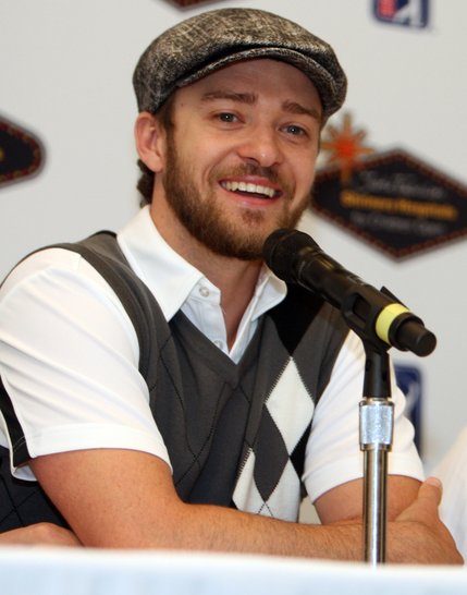 Justin Timberlake smiles during a news conference at TPC Summerlin in Las Vegas on October 15, 2008. The pop star's foursome which included pro Fred Couples and amateurs Matthew Sheasby and Jordan Levinson finished sixth in Wednesday's pro-am with a score of 56.