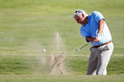 Actor John O'Hurley shoots out of a bunker during the Justin Timberlake Shriners Hospitals for Children Open Celebrity Pro-Am at TPC Summerlin. True Seinfeld fans can only wonder if those are John F. Kennedy's legendary clubs?

