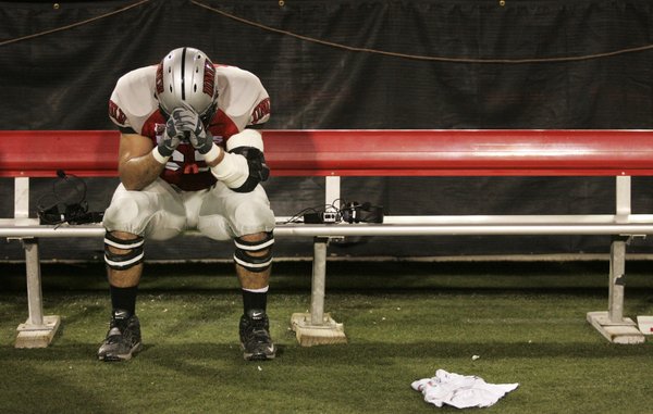 UNLV offensive lineman Mario Jeberaeel sits on the bench after ...