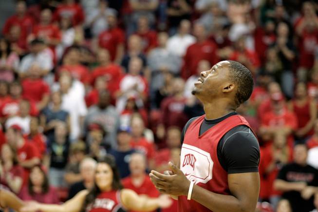 UNLV senior Wink Adams looks to the crowd during a ceremony for the UNLV basketball team at the Thomas & Mack Center on Friday.