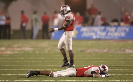 UNLV wide receiver Phillip Payne lies face down after the Rebels turned the ball over on downs on their last possession against Air Force during Saturday's game at Sam Boyd Stadium.  UNLV lost, 29-28.