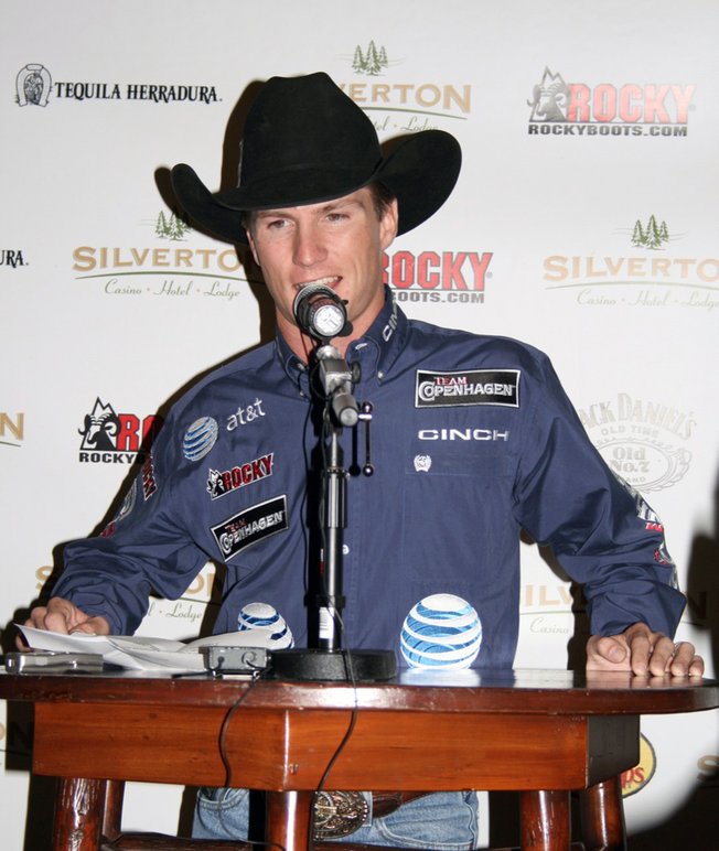 Justin McBride, the all-time winningest bull rider on the Professional Bull Riders' tour, announces his retirement at a press conference in the Silverton Casino Lodge on Tuesday.