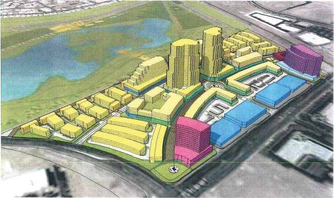 This artist's rendering depicts GSG Development's proposed mixed-use project, Park Heights, on 40 acres of the Cornersone Redevelopment Area at Interstate 215 and Stephanie Street. The project would include two 30-story residential towers, a 13-story condominium tower, a 12-story hotel and retail shops.