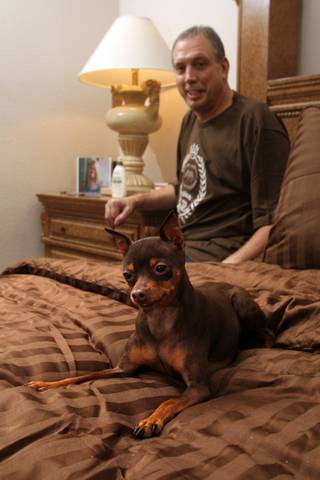 UNLV basketball hall-of-famer and broadcast analyst Glen Gondrezick poses with his dog Gabby, a miniature Doberman Pinscher, at his home Monday Oct. 20, 2008. Gondrezick is recovering after his heart transplant operation on Sept. 20.
