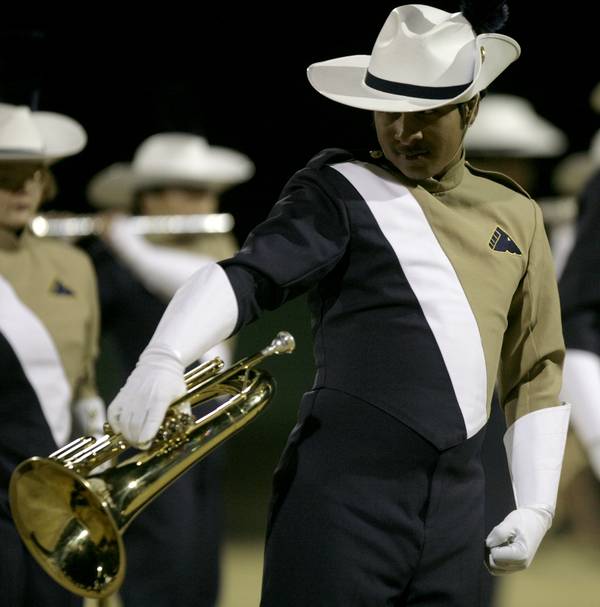 The Shadow Ridge band performs at halftime Friday night.