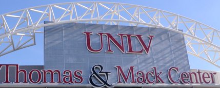 The arch sign signals the main entrance to the Thomas & Mack Center on UNLV's campus. The building is home to UNLV's basketball teams and hosted everything from rock concerts, to presidential debates, to the National Finals Rodeo.