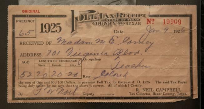 This is the receipt for $1.50, which Corney paid to for the privilege to vote in Texas in 1926.