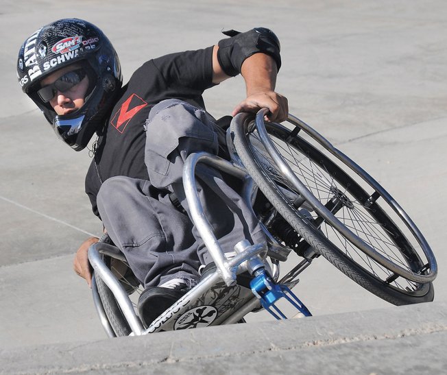 Aaron Fotheringham crests the lip of a bowl at Doc Romeo skate park while performing various tricks before setting his own world record on Oct. 20.