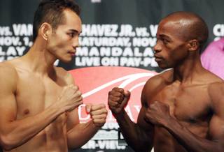 IBF flyweight champion Nonito Donaire, left, of Philippines, and challenger Moruti Mthalane of South Africa pose during an official weigh-in at the Mandalay Bay Friday on Oct. 31, 2008. Donaire will defend his title against Mthalane at the Mandalay Bay Events Center on Saturday. 